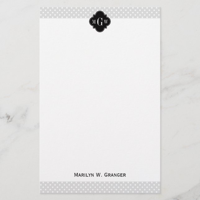 Lt Gray Wht Polka Dots Black Quatrefoil 3 Monogram Stationery (Front)