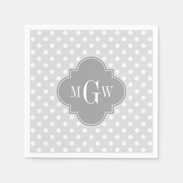 Lt Gray Wht Polka Dots Gray Quatrefoil 3 Monogram Napkins (Front)