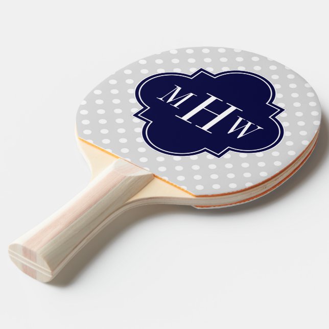 Lt Gray Wht Polka Dots Navy Quatrefoil 3 Monogram Ping Pong Paddle (Front Angle)
