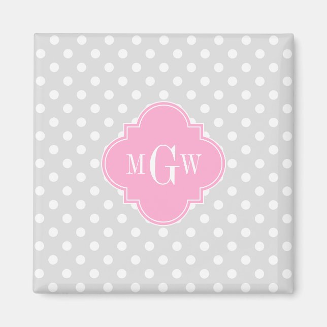 Lt Gray Wht Polka Dots Pink Quatrefoil 3 Monogram Magnet (Front)