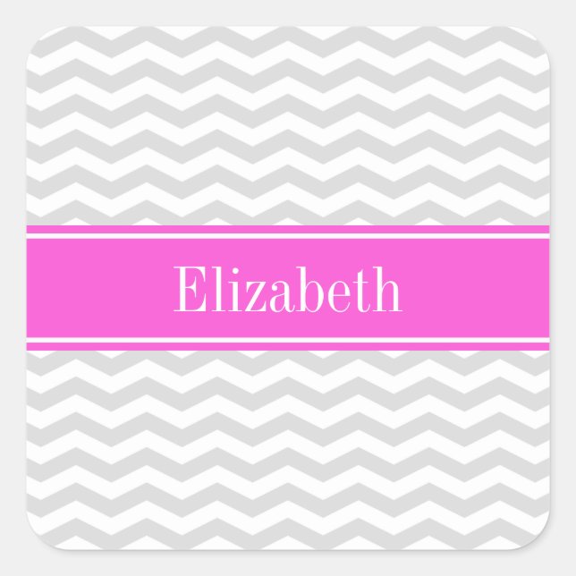 Lt Gray Wht Thin Chevron Hot Pink Name Monogram Square Sticker (Front)