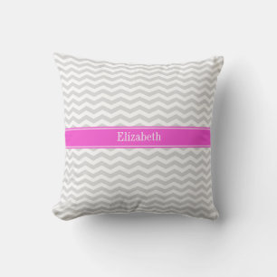 Lt Gray Wht Thin Chevron Hot Pink Name Monogram Throw Pillow