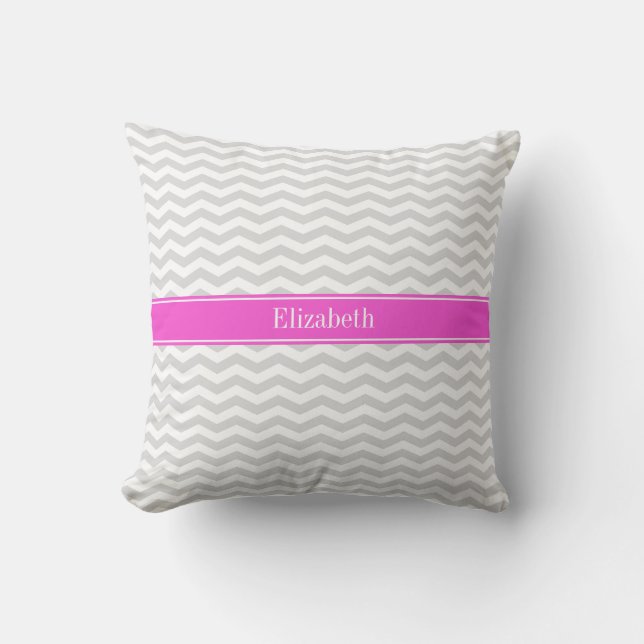 Lt Gray Wht Thin Chevron Hot Pink Name Monogram Throw Pillow (Front)
