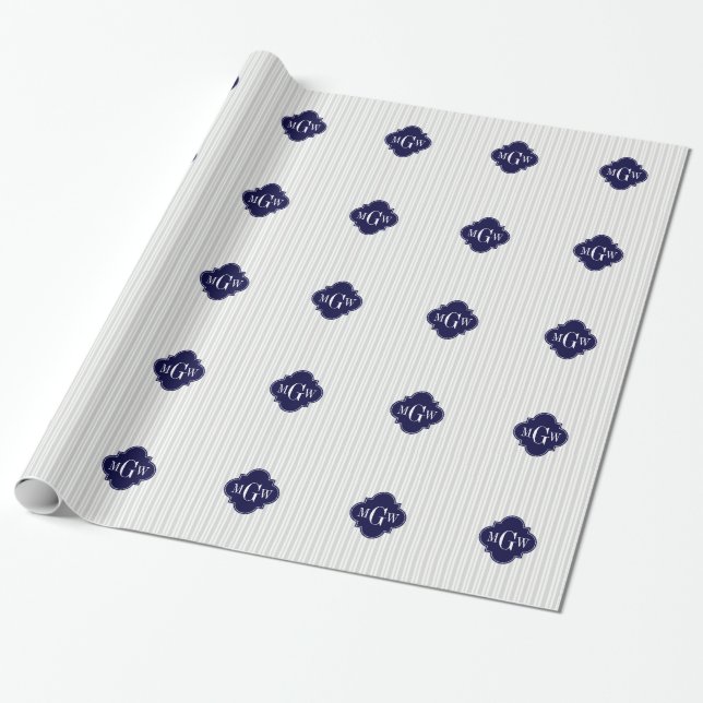 Lt Gray Wht UE Stripe Navy Quatrefoil 3 Monogram Wrapping Paper (Unrolled)