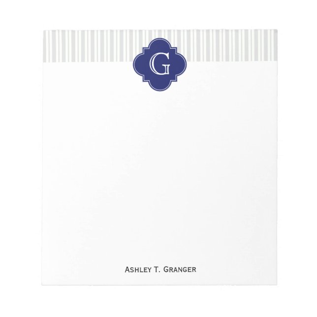 Lt Gray Wht Uneven Stripe Navy Quatrefoil Monogram Notepad (Front)