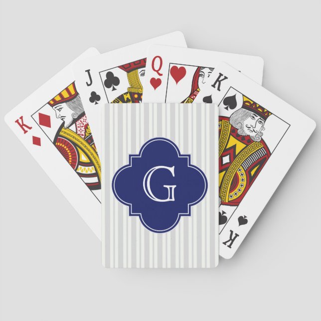 Lt Gray Wht Uneven Stripe Navy Quatrefoil Monogram Poker Cards (Back)