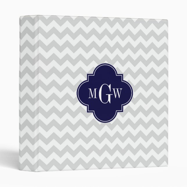 Lt Gray Wt Chevron Navy Blue Quatrefoil 3 Monogram Binder (Front/Spine)