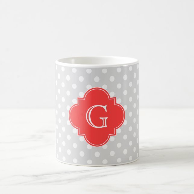 Lt Gray Wt Polka Dot Coral Red Quatrefoil Monogram Coffee Mug (Center)