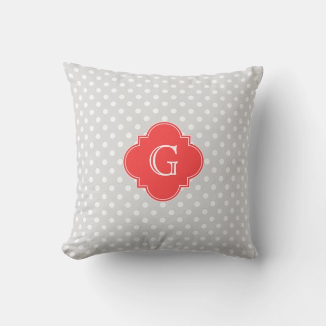 Lt Gray Wt Polka Dot Coral Red Quatrefoil Monogram Throw Pillow (Front)