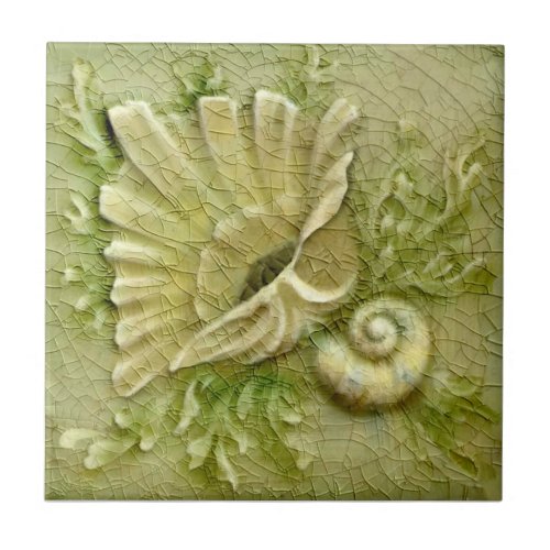 Lt Green Seashells AET Antique Repro Faux Relief Ceramic Tile