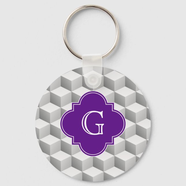 Lt Grey White 3D Look Cubes Purple Monogram Keychain (Front)