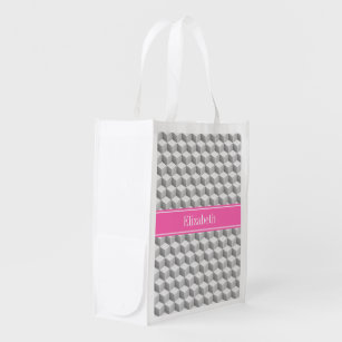 Lt Grey Wht 3D Look Cube HotPink #2 Name Monogram Grocery Bag