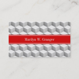 Lt Grey Wht 3D Look Cubes Red Name Monogram Business Card