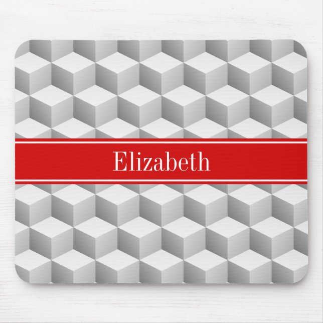 Lt Grey Wht 3D Look Cubes Red Name Monogram Mouse Pad (Front)