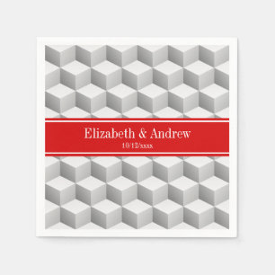 Lt Grey Wht 3D Look Cubes Red Name Monogram Napkins