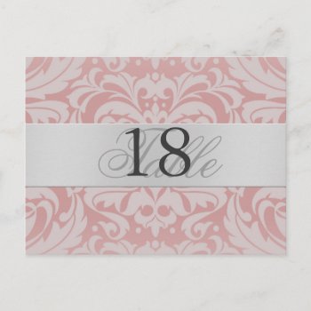 Lt Pink Damask Silver Metal Table Number Postcard by theedgeweddings at Zazzle