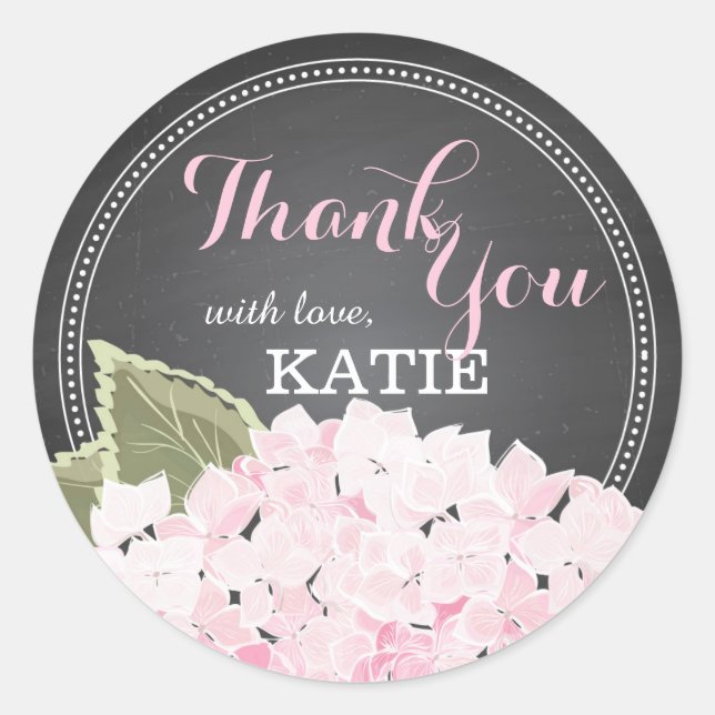 Lt Pink Hydrangea on Chalkboard Thank You Sticker (Front)