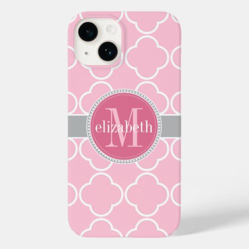 Lt Rose Pink  Gray Quatrefoil Clover Monogram Case_Mate iPhone 14 Case