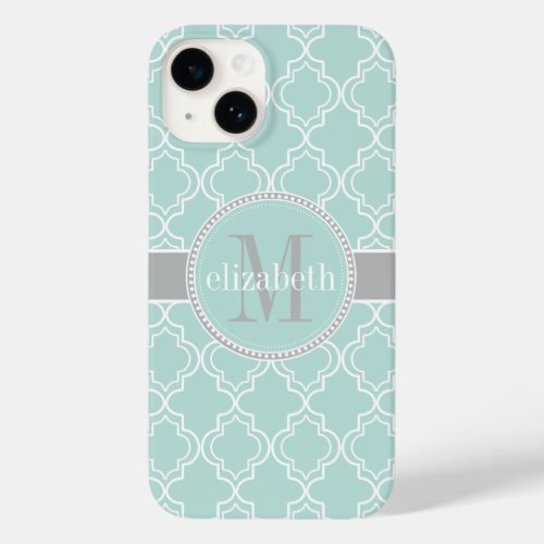 Lt Teal Gray White Moroccan Quatrefoil Monogram Case_Mate iPhone 14 Case