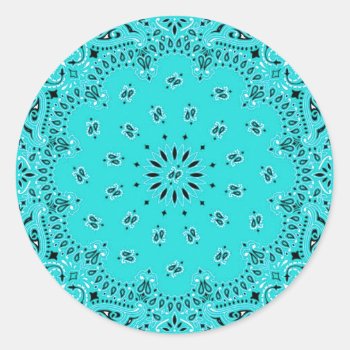 Lt Turquoise Paisley Western Bandana Scarf Print Classic Round Sticker by PrintTiques at Zazzle