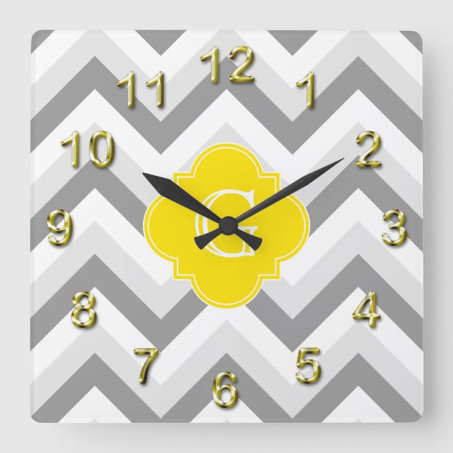 Lt Two Gray White Chevron Yellow Monogram Square Wall Clock (Front)