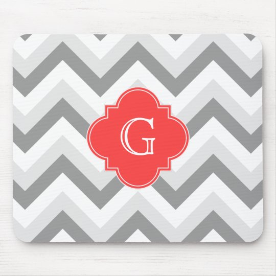 Lt Two Gray Wht Chevron SQ Coral Red Name Monogram Mouse Pad