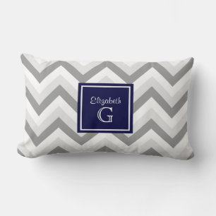 Lt Two Gray Wht Chevron SQ Navy Blue Name Monogram Lumbar Pillow