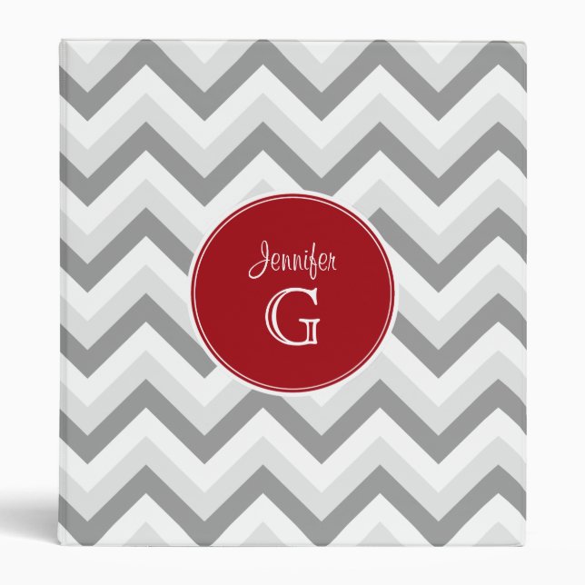 Lt Two Gray Wt Chevron Rnd Cranberry Name Monogram Binder (Front)