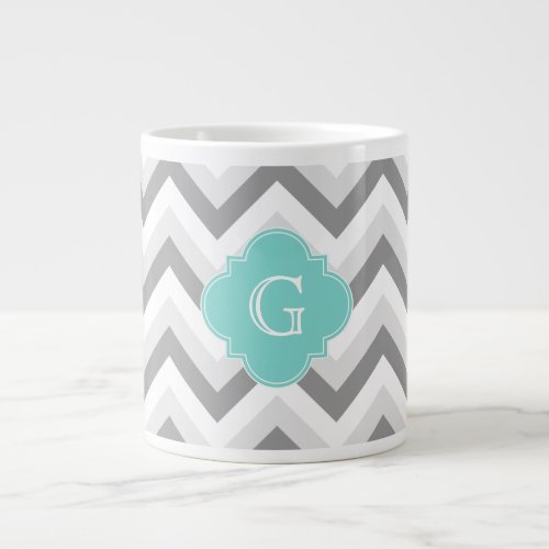 Lt Two Grey White Chevron Aqua Monogram Large Coffee Mug