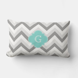 Lt Two Grey White Chevron Aqua Monogram Lumbar Pillow