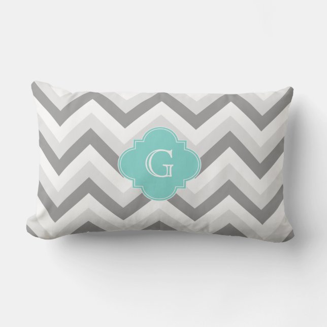 Lt Two Grey White Chevron Aqua Monogram Lumbar Pillow (Front)