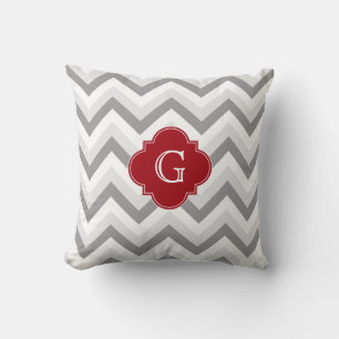 Lt Two Grey White Chevron Cranberry Monogram Throw Pillow
