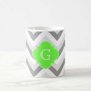 Lt Two Grey White Chevron Lime Quatrefoil Monogram Coffee Mug