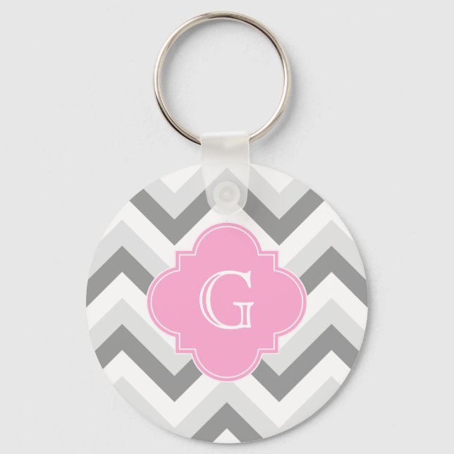 Lt Two Grey White Chevron Pink Quatrefoil Monogram Keychain (Front)