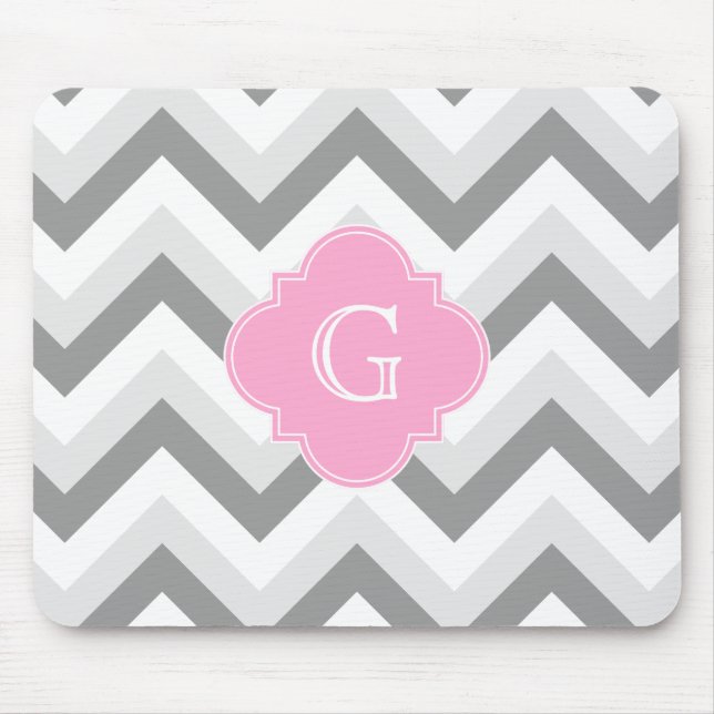 Lt Two Grey White Chevron Pink Quatrefoil Monogram Mouse Pad (Front)