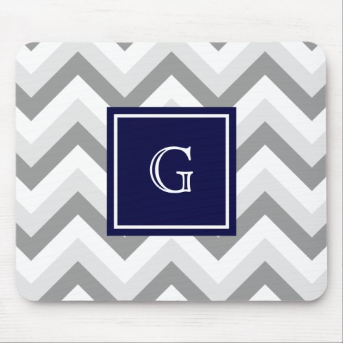 Lt Two Grey White Chevron SQ Navy Monogram Mouse Pad