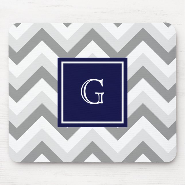 Lt Two Grey White Chevron SQ Navy Monogram Mouse Pad (Front)