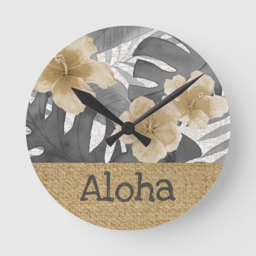 Luana Watercolor Tropical Floral Gray  Round Clock