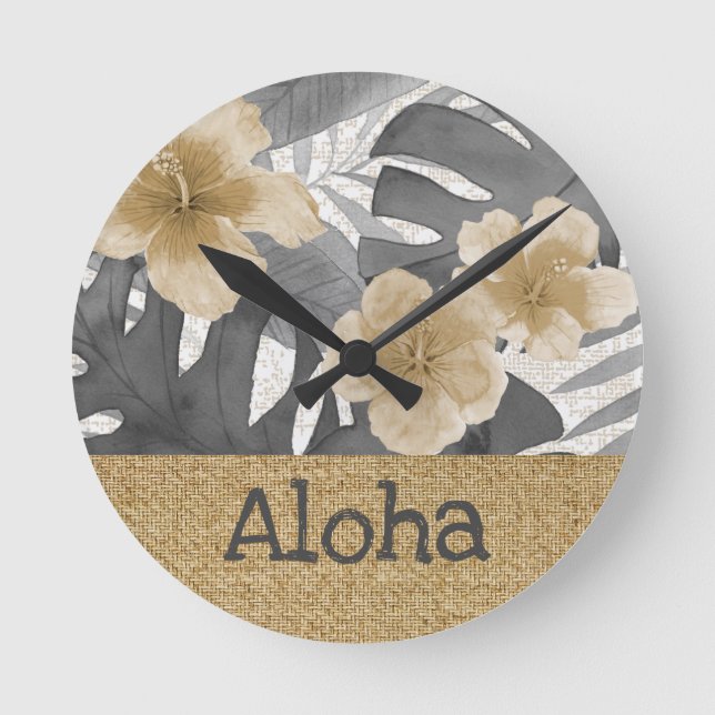 Luana Watercolor Tropical Floral Gray  Round Clock (Front)