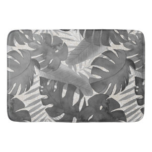 Luana Watercolor Tropical Gray Leaves Bath Mat