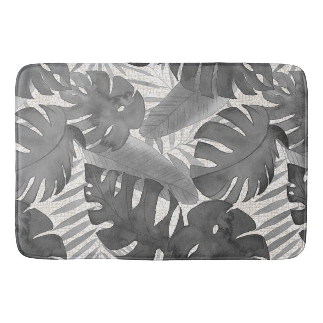Luana Watercolor Tropical Gray Leaves Bath Mat (Front)
