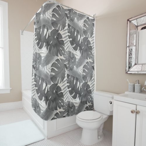Luana Watercolor Tropical Gray Leaves Shower Curtain