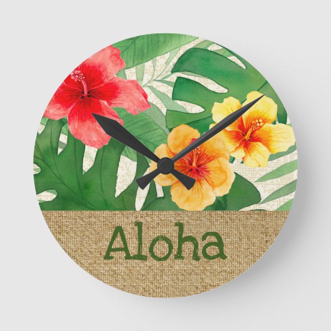 Luana Watercolor Tropical Vivid Floral  Round Clock (Front)