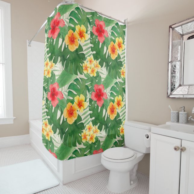 Luana Watercolor Tropical Vivid Floral Shower Curtain (In Situ)