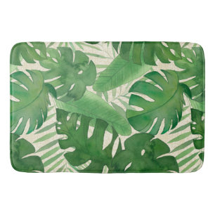 Luana Watercolor Tropical Vivid Green Leaves Bath Mat