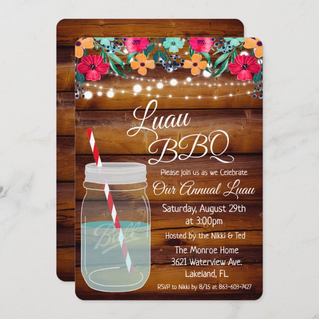 Luau Aloha Mason Jar Invitation (Front/Back)