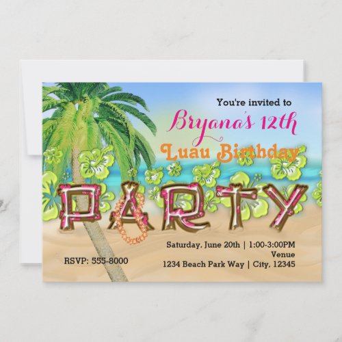Luau Beach PARTY Typography Birthday Invitation