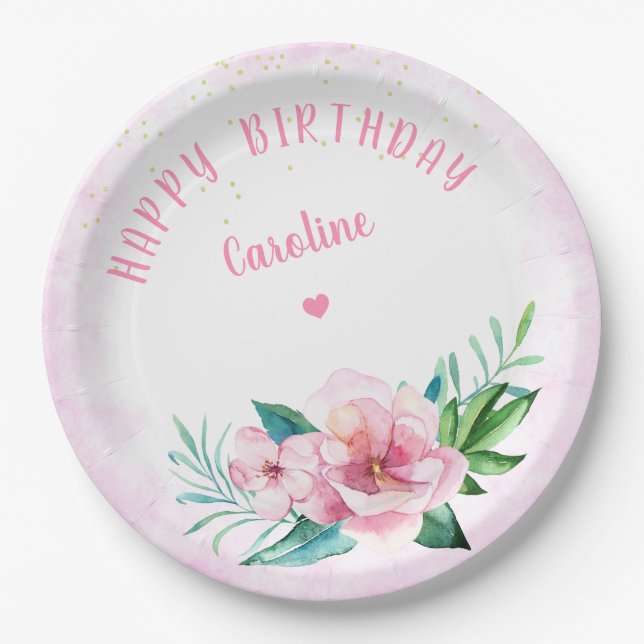 Luau Beach Tropical Floral Hawaiian Birthday Paper Plates (Front)