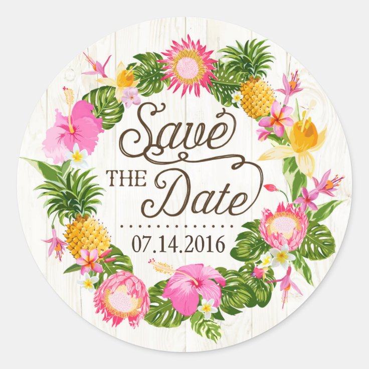 Luau Beach Tropical Floral Save the Date Label | Zazzle