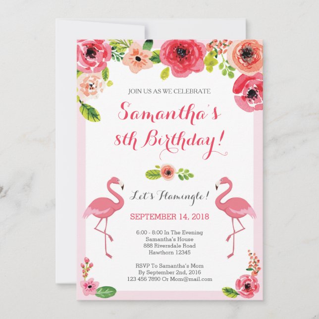 Luau Birthday Invitation, Flamingo Birthday Invite (Front)